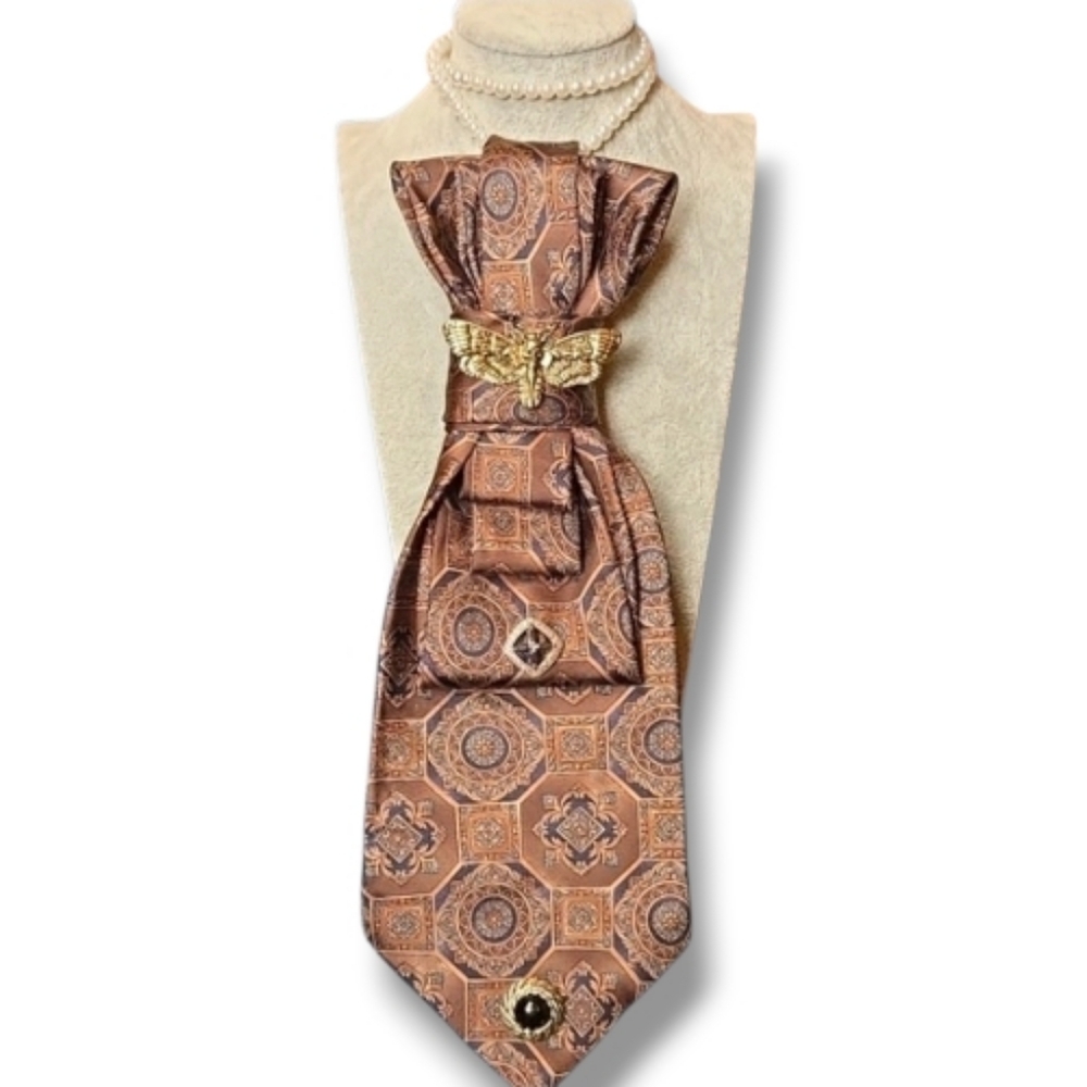 3/$60 Dior Monsieur Patterned Reworked Silk Cravat Brown & Navy Moth Brooch